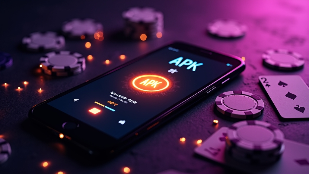 Móvil instalando un APK con fondo de casino oscuro