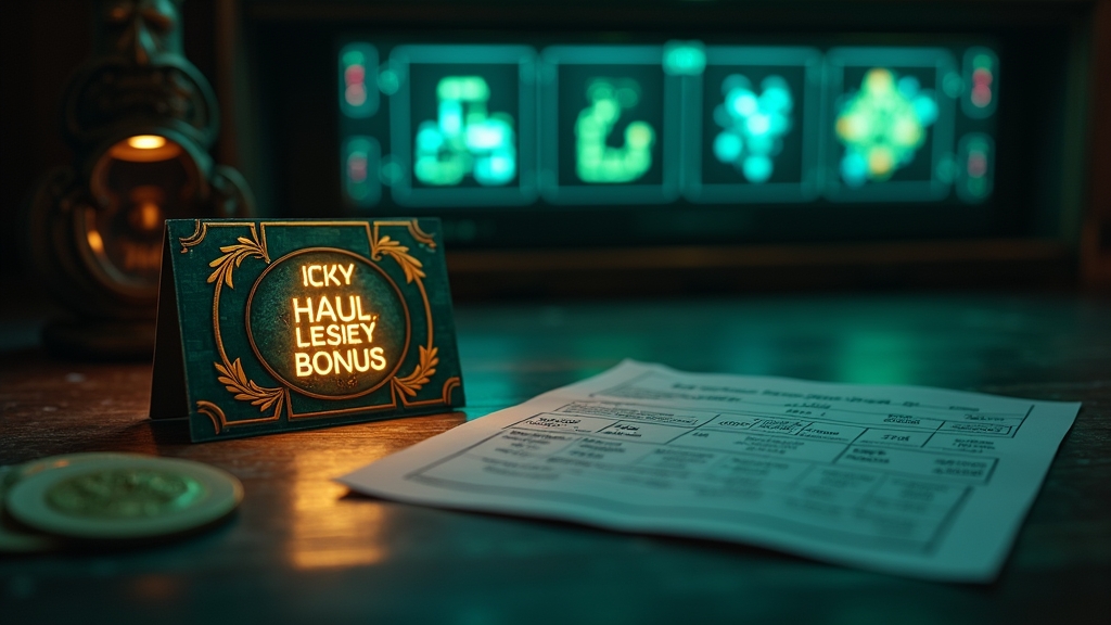 Pantalla de bono con fichas y una tarjeta promocional en un entorno de casino oscuro