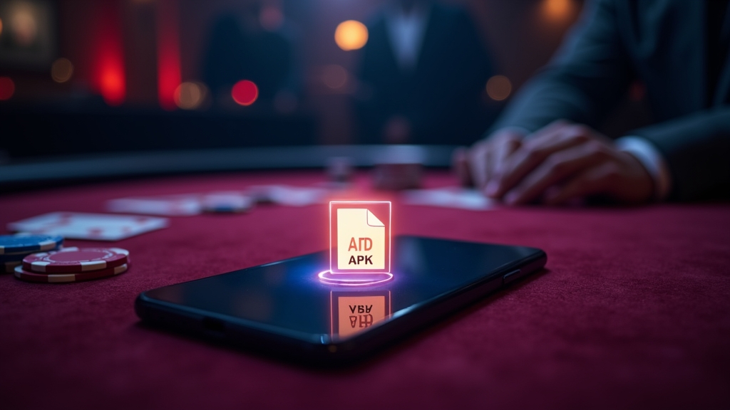 Móvil con un archivo APK y ambiente de casino oscuro